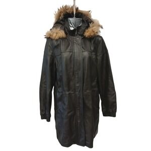 JLC New York Womens Genuine Leather Parka Coat Fur Hood Zip Up Pockets Size M